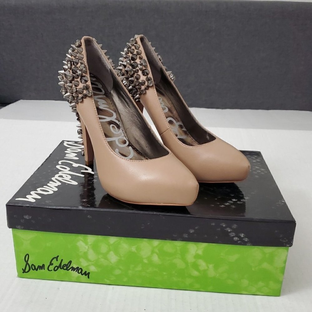 Sam Edelman Roza Spiked Heels‎ Pumps Shoes 6 M Tan Matte Leather  Rhinestone